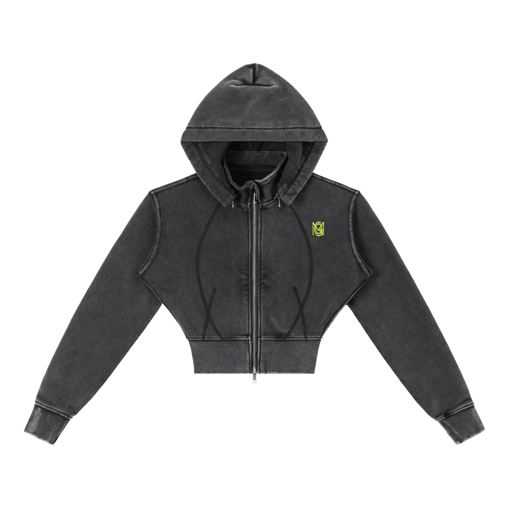 MGQ Women Vintage Washed Cropped Fleece Hoodie