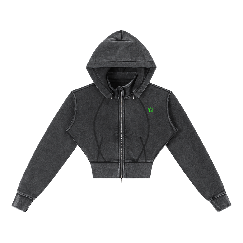 MGQ Women Vintage Washed Cropped Fleece Hoodie